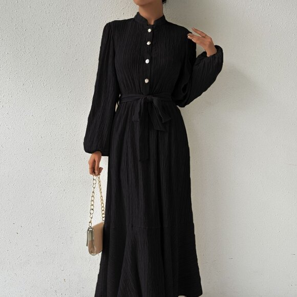 Tie Waist Long Sleeve Dress - Picture 1 of 9